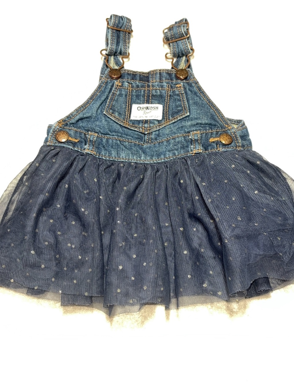 OshKosh B'gosh Blue Denim Bib Tulle Polka Dot Suspenders Dress